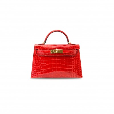 HERMÈS MASTER MINI KELLY II SHINY CROCODILE LEATHER FERRARI RED GOLD BUCKLE (19*12*5.5cm) 